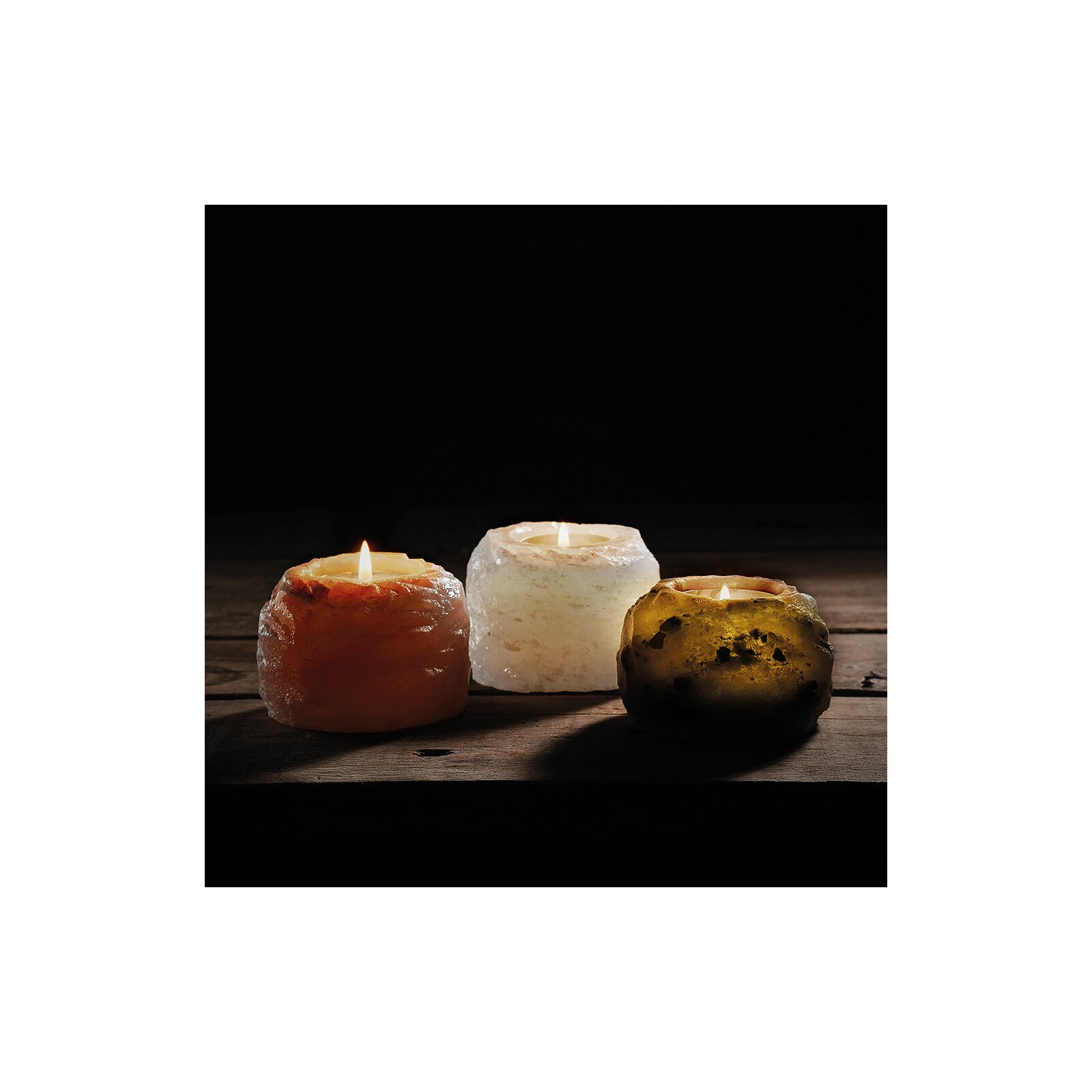 Set 3 Portacandele In Cristallo Di Sale - Rock-Trio Da 400g Ciascuno, Arancione, Bianco, Grigio