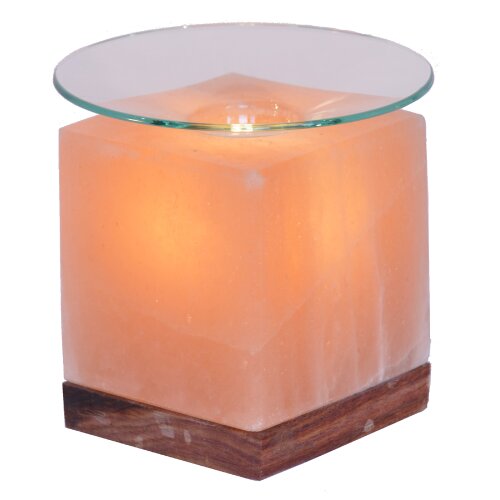 Salt Crystal Aroma Lamp CUBE, with wooden base, Height ca. 14 cm