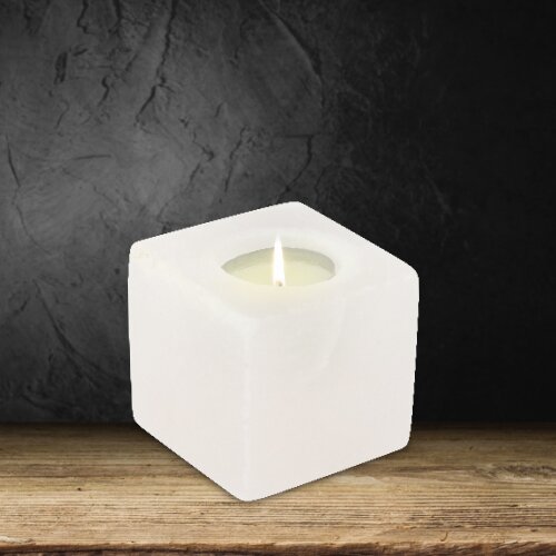 Salt Crystal Tealight Candleholder CUBE White Line