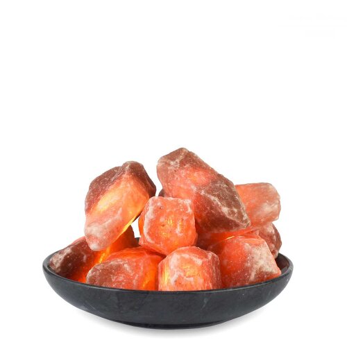 Illuminated Salt Crystal FIRE STONES with marble bowl, 10 crystals, incl. chain of lights