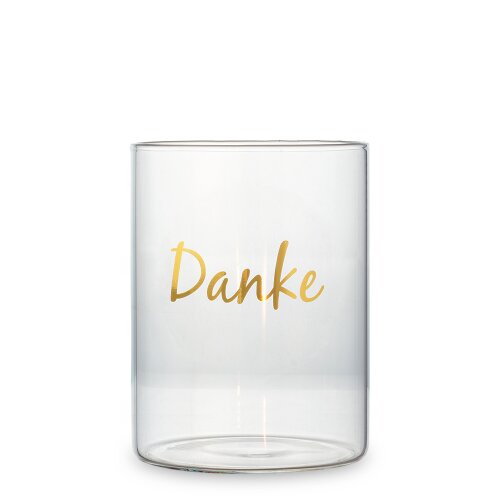 Windlicht, mit goldenem Etikett "Danke", Glas klein, Ø ca. 8 cm, Höhe ca. 11 cm