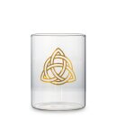 Windlicht, mit goldenem Etikett "Keltischer Knoten", Glas klein, Ø ca. 8 cm, Höhe ca. 11 cm