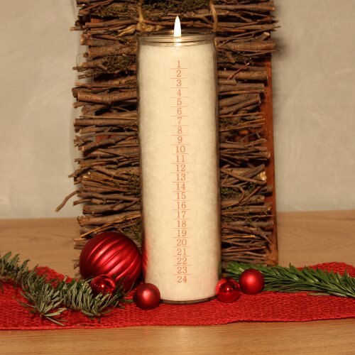 Palmwachs-Kerzen, ADVENT 1-24 Weiß, mit Etikett, Ø ca. 6 cm, Höhe ca. 20 cm