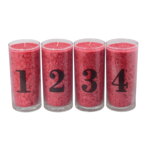 Palmwax Candles, ADVENT-SET 1-4 Red, with label, Ø ca. 6 cm, Height ca. 14 cm