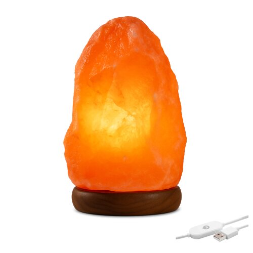 Beleuchteter Salzkristall Rock LED, ca. 1,7 kg, mit Holzsockel, USB, Warmweiß, dimmbar