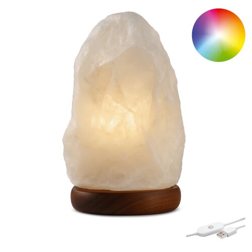 Beleuchteter Salzkristall Rock WEISS, RGB LED, ca. 1,7 kg, mit Holzsockel, USB